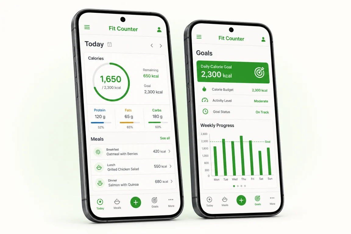 Fit Counter daily nutrition dashboard and goals screen shown on two smartphones